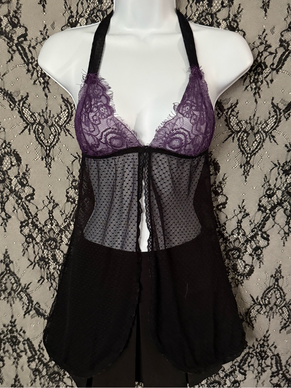Vintage Purple lace halter top with black polka dot mesh and black satin trim